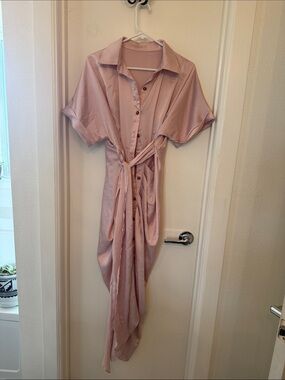 Women's Pink Button-Front Shirt Dress with Waist Tie